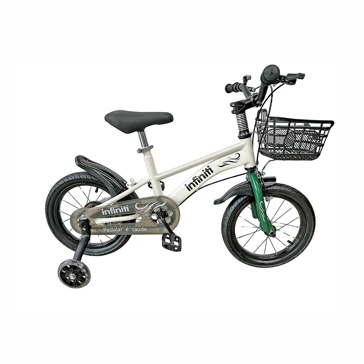 bicicleta infantil infiniti branca com verde aro 14
